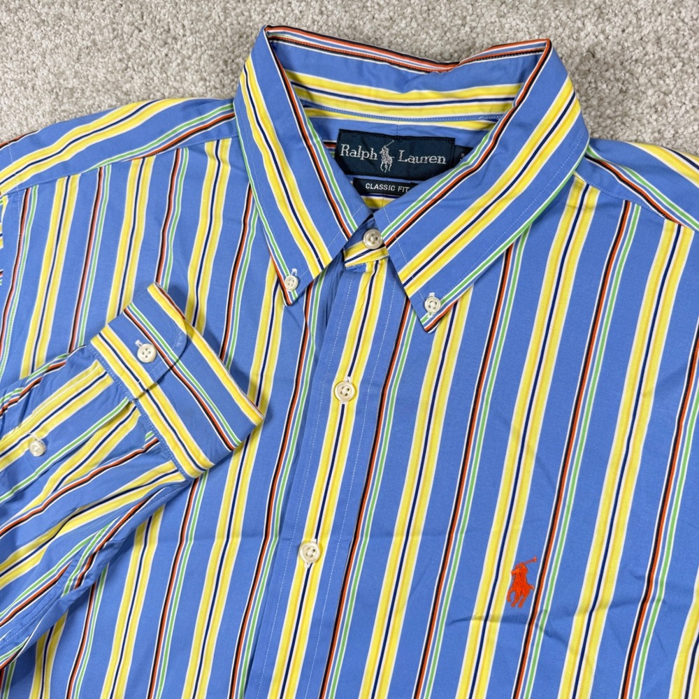 Ralph Lauren Button Down Shirt Mens L Blue Striped Classic Fit Long Sleeve